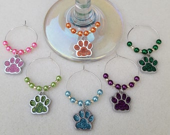 Sparkly Paw Print Wine Glass Charms Set of 6 Perfect Quirky Gift Animal Pet Cat Dog Lover