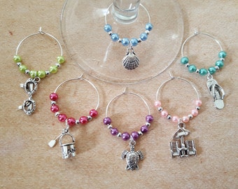 Beach Holiday Wine Glass Charms Set of 6 Multicoloured Quirky Gift