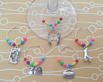 Retro 80's Wine Glass Charms Set of 5 Perfect Quirky Gift for Wine Lover Novelty Neon