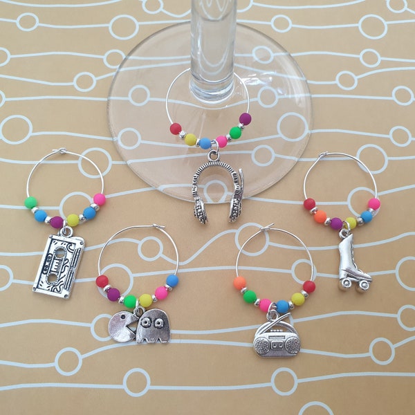 Retro 80's Wine Glass Charms Set of 5 Perfect Quirky Gift for Wine Lover Novelty Neon