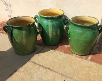 Trio of rare green glazed french confit pots