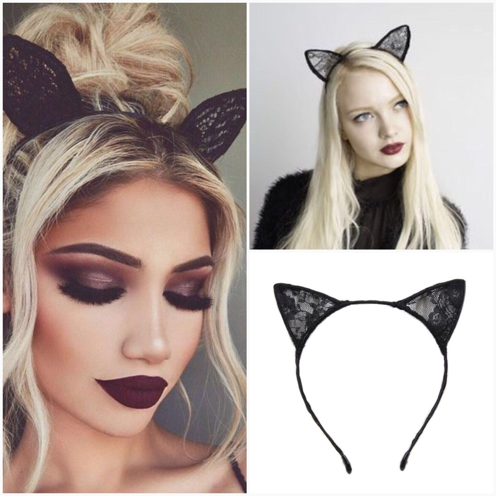 U.K. Kitty cat ears headband mask black lace sequin Halloween Etsy