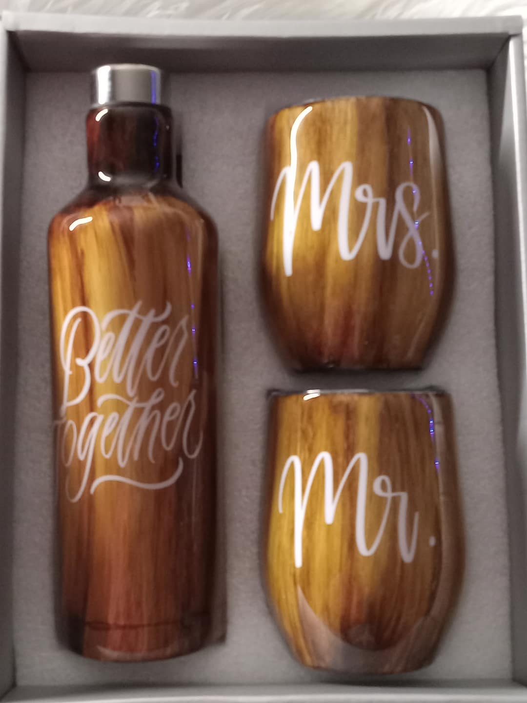 Woodgrain Wine Decanter Bar Set, Custom Wine Glass Set for Couples, Mr