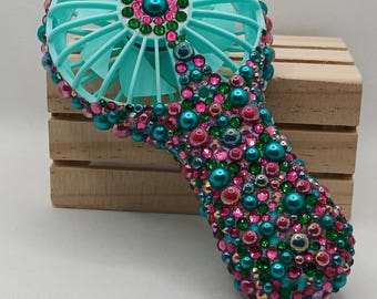 Klaar voor verzending aangepaste bedazzled draagbare ventilator, strass oplaadbare ventilator, strass ventilator voor haar, blinged-out USB oplaadbare ventilator met 3 snelheden