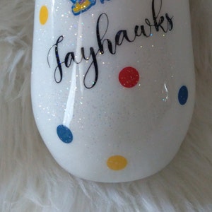 Custom Jayhawks Polka Dot Wine Tumbler, Personalized Kansas Tumbler, KU KS Rock Chalk Inspired Gift, Custom College Team Tumbler