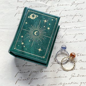 Emerald green celestial ring box wedding ring box keepsake jewelry storage box Sun Moon book box magic crescent moon engagement box