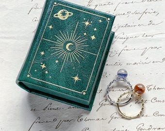 Boîte à bagues célestes vert émeraude Boîte à alliances Boîte de rangement de bijoux souvenir Boîte à livres Soleil Lune Boîte de fiançailles magique croissant de lune