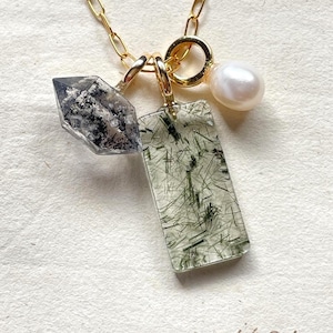Epidote crystal Inclusion Quartz Green Natural crystal Quartz Pendant clear quartz charm gemstone necklace Jewelry Husband Birthday gift