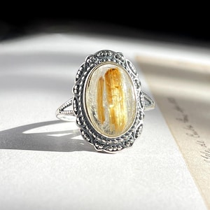 Golden Rutilated Quartz Gemstone Ring Gold Rutile Corktail Ring Natural gemstone Crystal Jewelry Rutile Quartz Anniversary Gift for Her