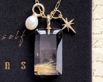 Gold Rutilated Quartz Pendant Golden Rutile Quartz Natural Golden Rutile gemstone jewellery Cube pendant Crystal Gift for best friend