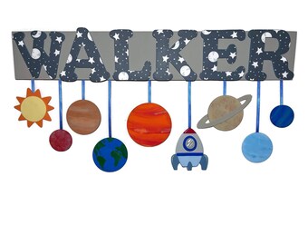 Space Nursery Name Sign with planet shapes / Wooden Name Sign | Kids Space Decor