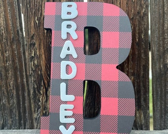 Buffalo Plaid Wood Name Sign | Adventure Nursery Decor