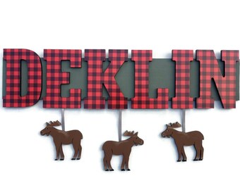 Buffalo plaid Moose Nursery Name sign | Wooden Letters | Kids decor