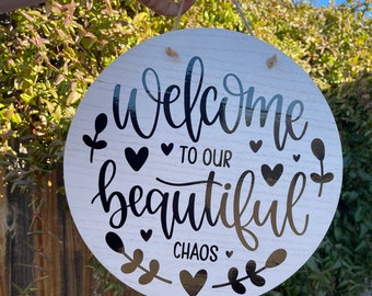 Farmhouse Welcome Sign | Chaos Distressed Wood Door Decor