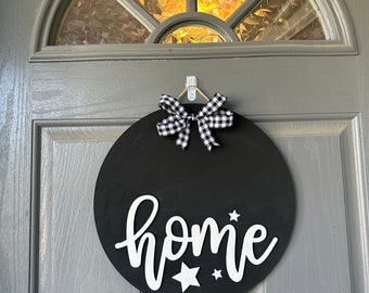 Farmhouse "Home" Wooden Circle Door Sign with black and white Buffalo plaid bow