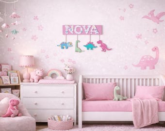 Girl Dinosaur Nursery Name Sign | Personalized Baby Girl Name Sign | Pink Dino Nursery Decor, Custom Wooden Name Sign, Baby Shower Gift Girl