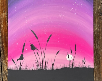 Original Painting 16x20 | Love Birds Purple Pink Sunset Cattail Silhouette | Acrylic Painting