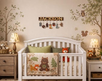 Personalized Woodland Animal Name Sign | Custom Wood Nursery Decor, Forest Wall Art