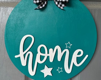Farmhouse Teal "Home" Wooden Circle Door Sign with black and white Buffalo plaid bow