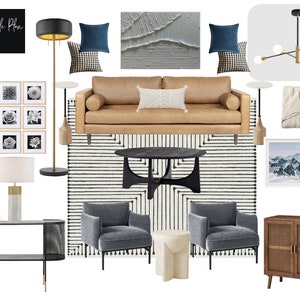Living Room Vision Board: Sophisticated & Moody with a Mid-Century Modern Flair | Mood Board | Vision Board | E-Design | Interior Design
