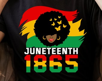 May include: Black t-shirt with a graphic of a woman with an afro and butterflies, with the words "Juneteenth 1865" in red, yellow, and green.