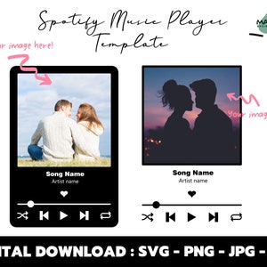 以下が含まれることがあります： Spotifyミュージックプレーヤー用のデジタルテンプレートで、画像のプレースホルダーが2つあります。テンプレートは、白いテキストとアイコンが書かれた黒い背景になっています。テキストには「Spotify Music Player Template」と表示されています。最初の画像プレースホルダーには、草の生えた丘に座っているカップルが、2番目の画像プレースホルダーには、夕焼けを背景にしたカップルのシルエットが表示されています。