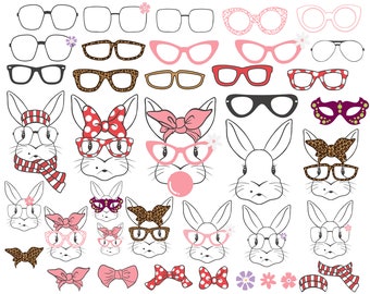 May include: A set of digital clipart featuring various styles of glasses and bunny rabbit faces. The glasses are in a variety of colors and patterns, including pink, red, black, and leopard print. The bunny rabbits are all white with black eyes and noses.
