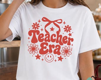 Retro Teacher Era Svg, Groovy Coquette Bow Smiley Face Teacher Graphic Tee (Digital Download)