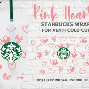 Pink Hearts 24oz Venti Cold Cup Cutfiles For Cricut Silhouette, Digital Download