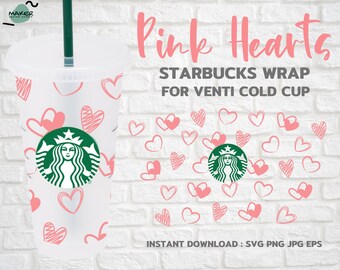 Pink Hearts 24oz Venti Cold Cup Cutfiles per Cricut Silhouette, Download digitale