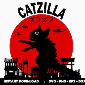 Funny Catzilla Svg, Godzilla Svg, Black Cat Cutting File, Cricut Design, Sublimation, Png, Dxf, Eps, Vector