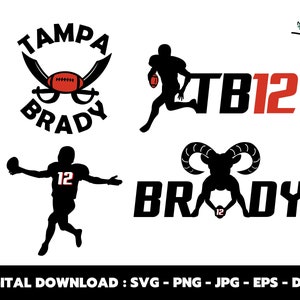 May include: Black and white silhouette design of a football player with the text "TB12" and a goat with the text "BRADY". The design also includes a pirate skull with crossed swords and the text "TAMPA BRADY".