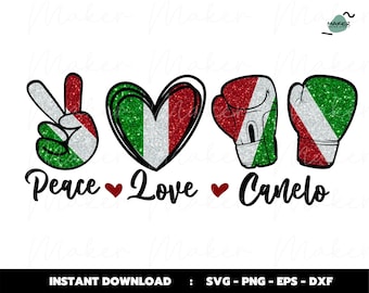 May include: A graphic design featuring the words "Peace Love Canelo" with a peace sign, heart, and boxing gloves. The peace sign, heart, and gloves are colored in the Mexican flag's colors: green, white, and red.