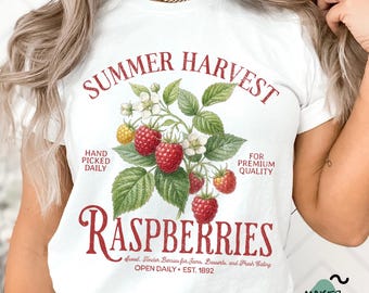 Summer Harvest Raspberries T-Shirt, Vintage Farmhouse Berry Design (Digital Download)