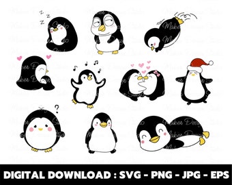 May include: A digital download set of ten black and white penguin illustrations. The penguins are in various poses, including sleeping, singing, dancing, and holding hands. The illustrations are perfect for creating greeting cards, invitations, or other crafts.