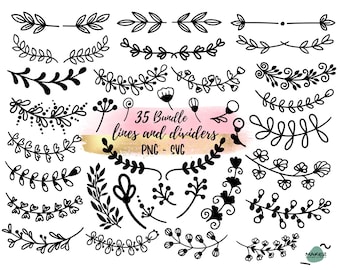 May include: A set of 35 black and white hand-drawn floral lines and dividers. The design features various floral elements, including leaves, branches, and flowers. The text "35 Bundle lines and dividers PNG - SVG" is included in the image.