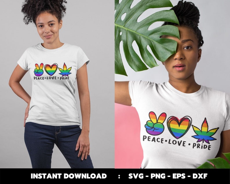 May include: White t-shirt featuring a rainbow peace sign, heart, and marijuana leaf design. The text "Peace Love Pride" is printed below the design.