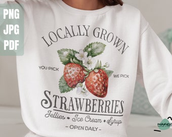 Png di sublimazione di fragole coltivate localmente, Png fresco di fattoria vintage, Png di fragole vintage, Etichetta vintage, File digitali, Design di camicia Png