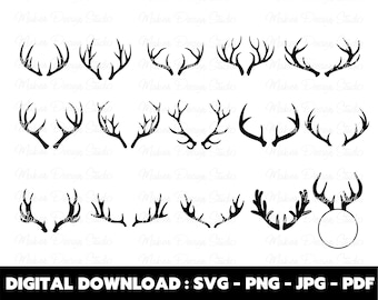 May include: A set of 16 black and white SVG cut files featuring various styles of deer antlers. The antlers are in a variety of sizes and shapes, and some have a circle in the center. The text "DIGITAL DOWNLOAD: SVG - PNG - JPG - PDF" is at the bottom of the image.