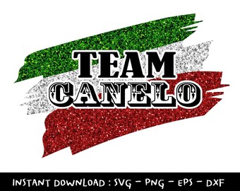 May include: A red, white, and green glitter design with the text "Team Canelo" in black.
