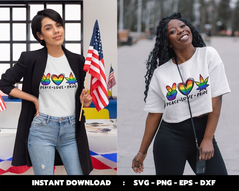 May include: Two women wearing white t-shirts with a peace sign, heart, and marijuana leaf graphic. The text on the shirts reads "Peace Love Pride".