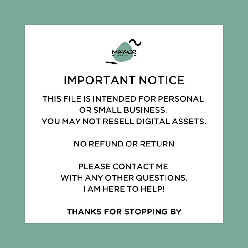 May include: Important notice for personal or small business use. This file is not for resale. No refunds or returns. Please contact the seller with any questions. Thanks for stopping by.