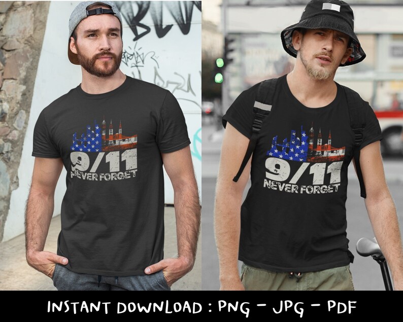 May include: Black t-shirt with a distressed graphic commemorating 9/11. The design features a stylized American flag, the date "9/11," and the words "NEVER FORGET." The shirt is a classic crew neck style.