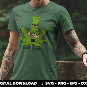 May include: Green t-shirt with a cartoon image of a marijuana leaf wearing a green leprechaun hat. The text "a wee bit highninish" is printed below the image.