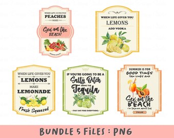 May include: Five printable digital designs for drink labels. The labels feature watercolor illustrations of lemons, peaches, and limes. The text on the labels includes phrases like "When life gives you lemons, make lemonade" and "Salty Bitch, bring the tequila".