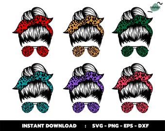 Leopard Messy Bun Svg, Mom Life Svg, Occhiali da sole Svg, Cutting Files, Cricut Design, Sublimazione, Png, Dxf, Eps, Vector