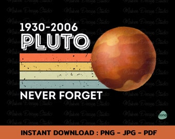 May include: A retro-style graphic with a red, orange, and yellow striped background. The graphic says "1930-2006 PLUTO NEVER FORGET". A cartoon image of Pluto is on the right side of the graphic.