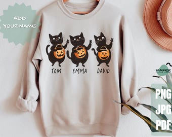 Zucca autunnale di Halloween con gatto nero, stampa a sublimazione in formato PNG, aggiungi il tuo nome, divertente abbinamento di famiglia di Halloween, design di Halloween per maglietta, file digitali