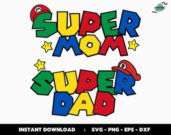 May include: Super Mom and Super Dad text in a colorful, pixelated style, reminiscent of the Super Mario Bros. video game. The text is accompanied by a red and white Mario hat.