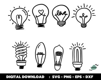Lampadina Svg Bundle, Lampadina Clipart, Cutting Files, Cricut Design, Sublimazione, Png, Jpg, Dxf, Eps, Vettoriale